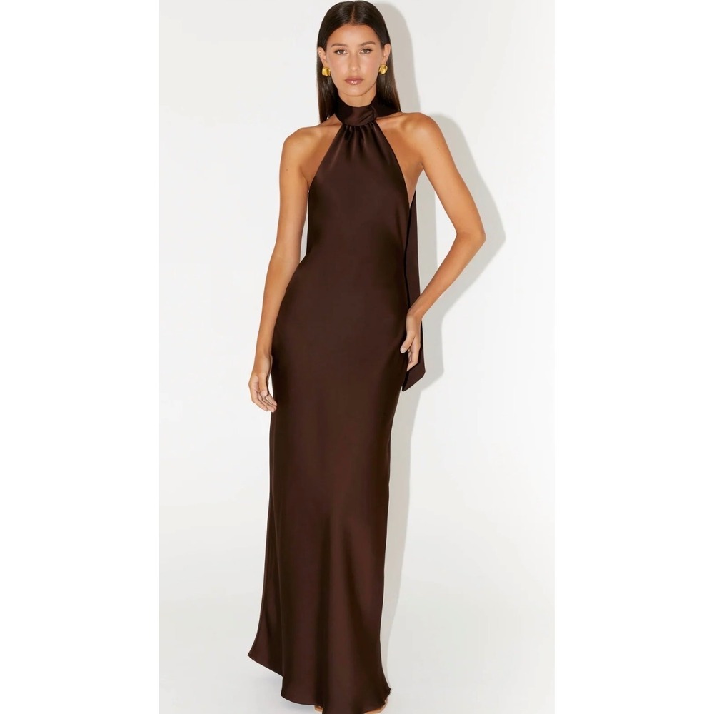 Peppermayo Chocolate Brown Satin Halter Open Back Scarf Maxi Dress XXS US 0